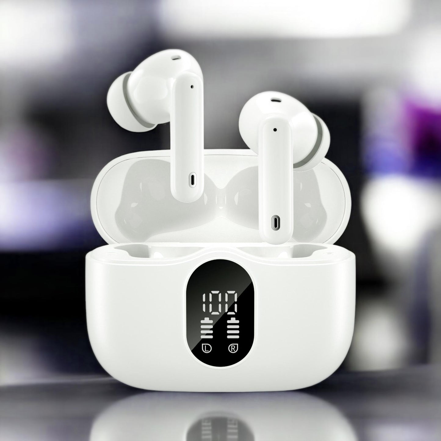 White NC A90pro LED headphones Active Noise Cancelling On A Stand
