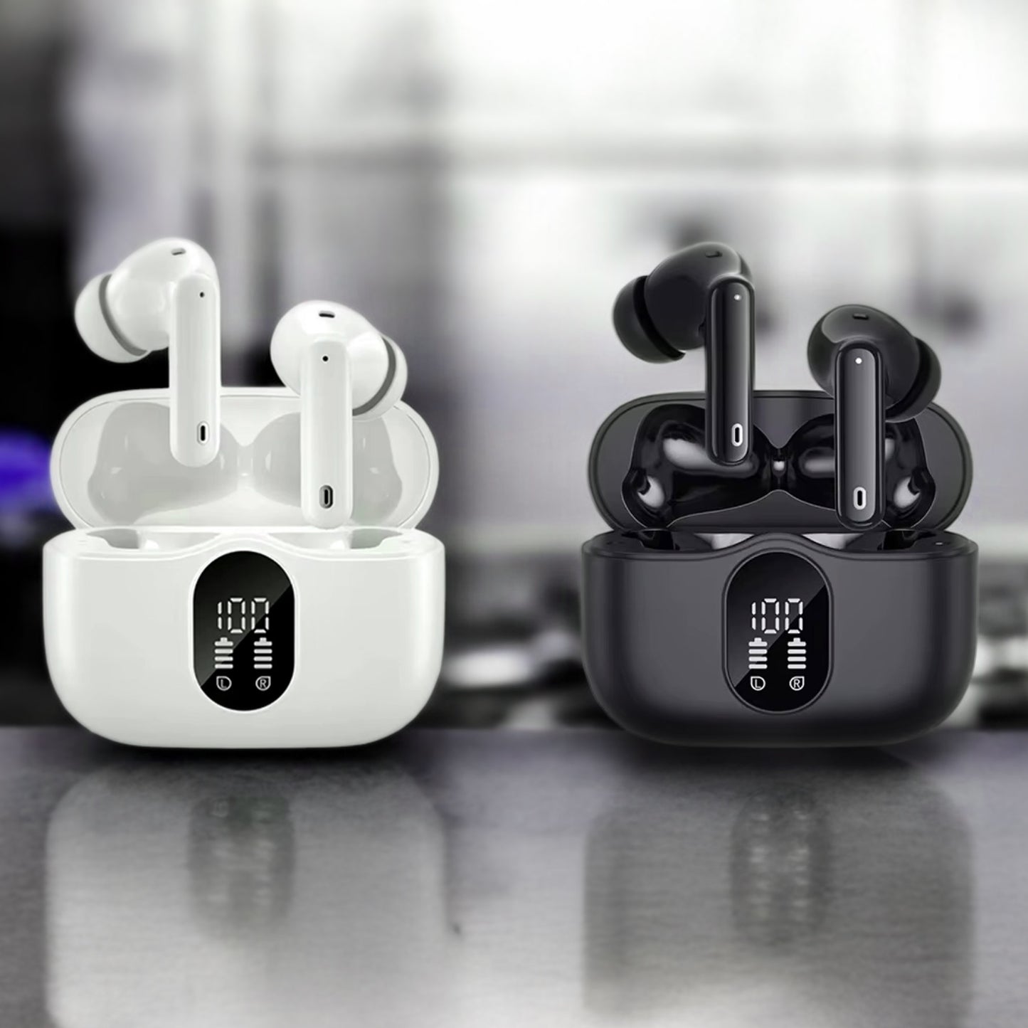 White And Black NC A90pro LED headphones Active Noise Cancelling On A Stand
