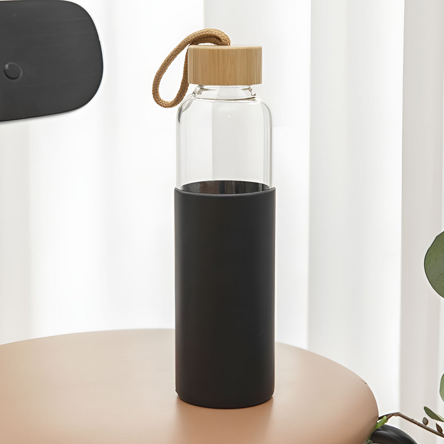 Bamboo lid silicone sleeve durable borosilicate glass water bottle