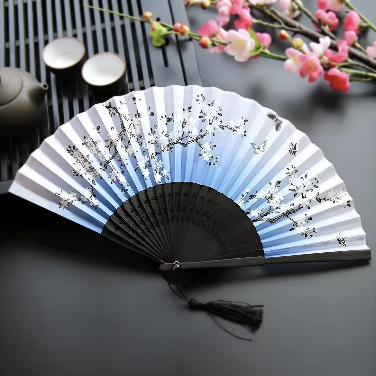 Wooden Bamboo Folding Hand Fan Silk Fabric