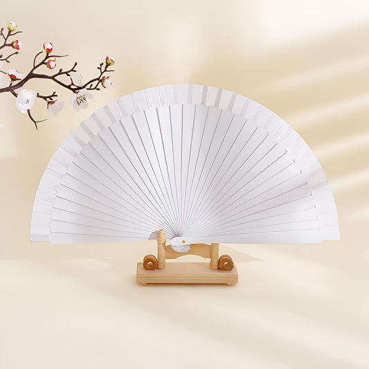 High Quality Vintage Folding Bamboo White Hand Fan On A Stand