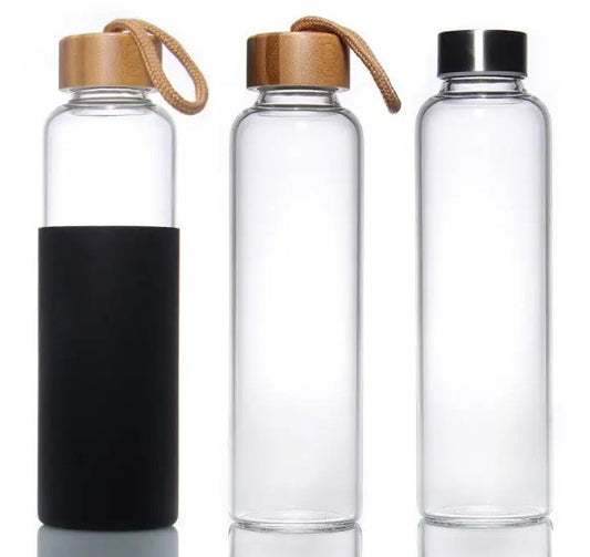 Bamboo lid silicone sleeve durable borosilicate glass water bottle